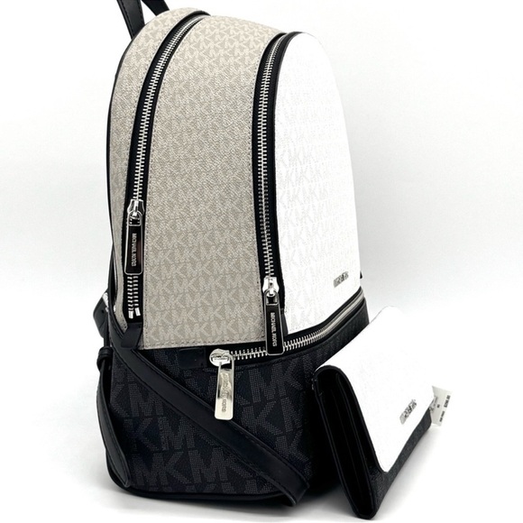 Michael Kors Rhea Medium Zip Backpack & Large Trifold Wallet Optic White Multi - Picture 4 of 13